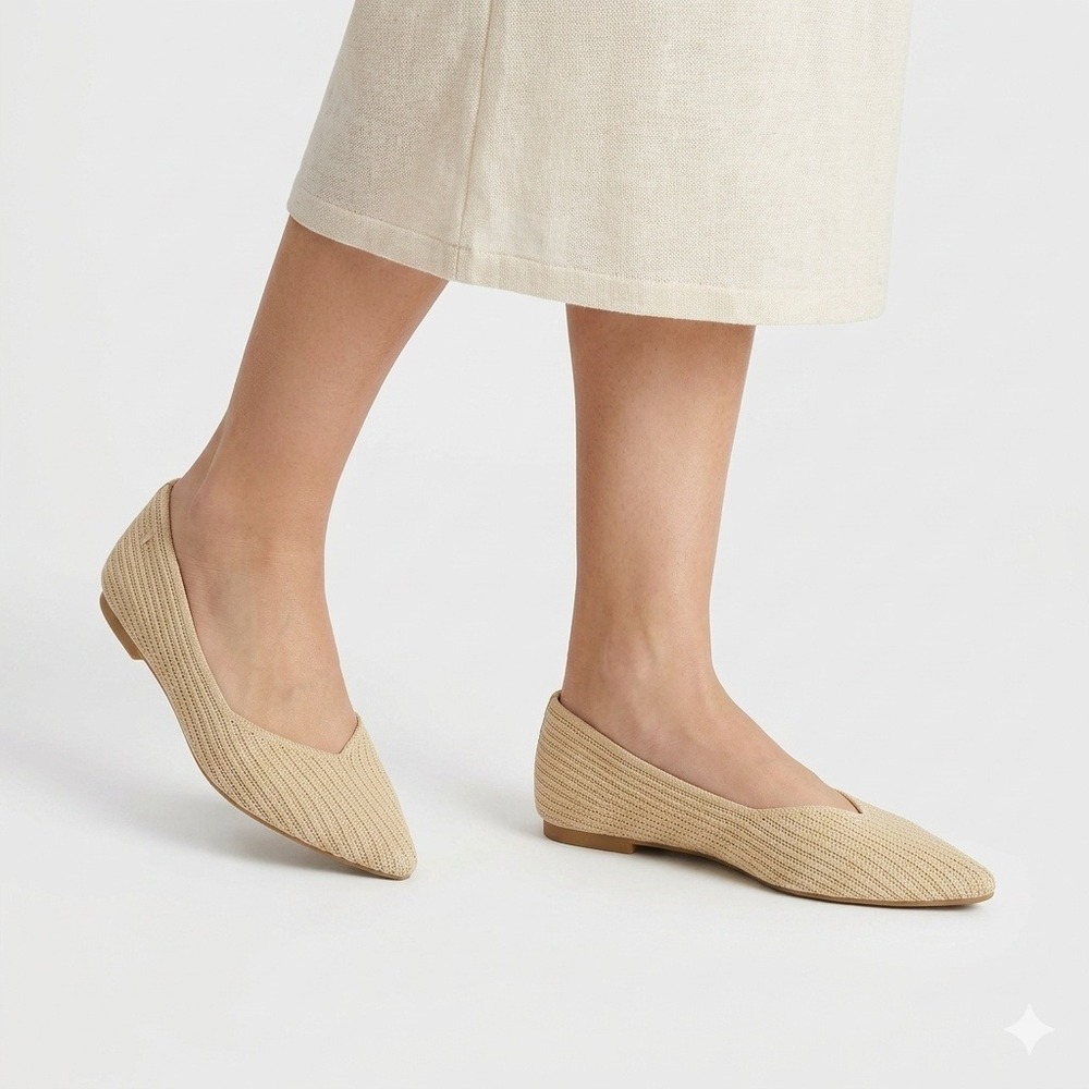 Vivaia Pointed Toe Flat Womens Beige Minimalist Ribbed Knit Sustainable Slip On